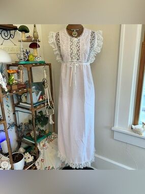 Light Pink Maxi Night Dress w White Lace Trim & Bow Details by Lauren Rogers